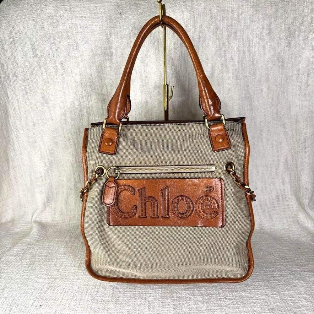 Vintage Chloé Logo Tote Bag | Y2K Beige Nylon & Leather Shoulder Bag‎
